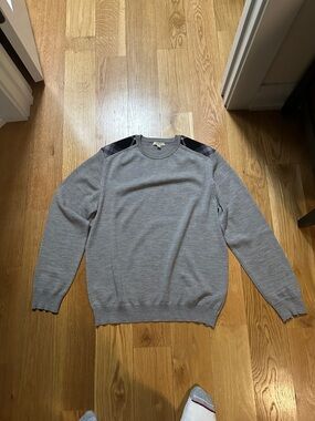 Burberry Gray Crewneck Sweater with Plaid Shoulder Accents